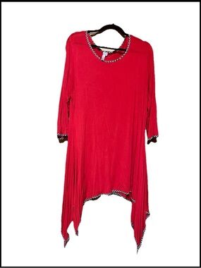 Bright Red Asymmetrical Tunic Dress with Braided Trim